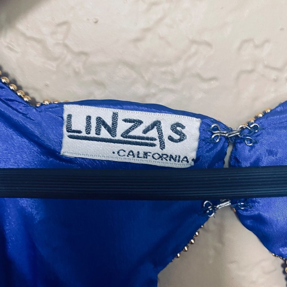 Linzas Vintage Y2K Straight Dress Gown Size Medium Blue Silk Sequined - Picture 2 of 10